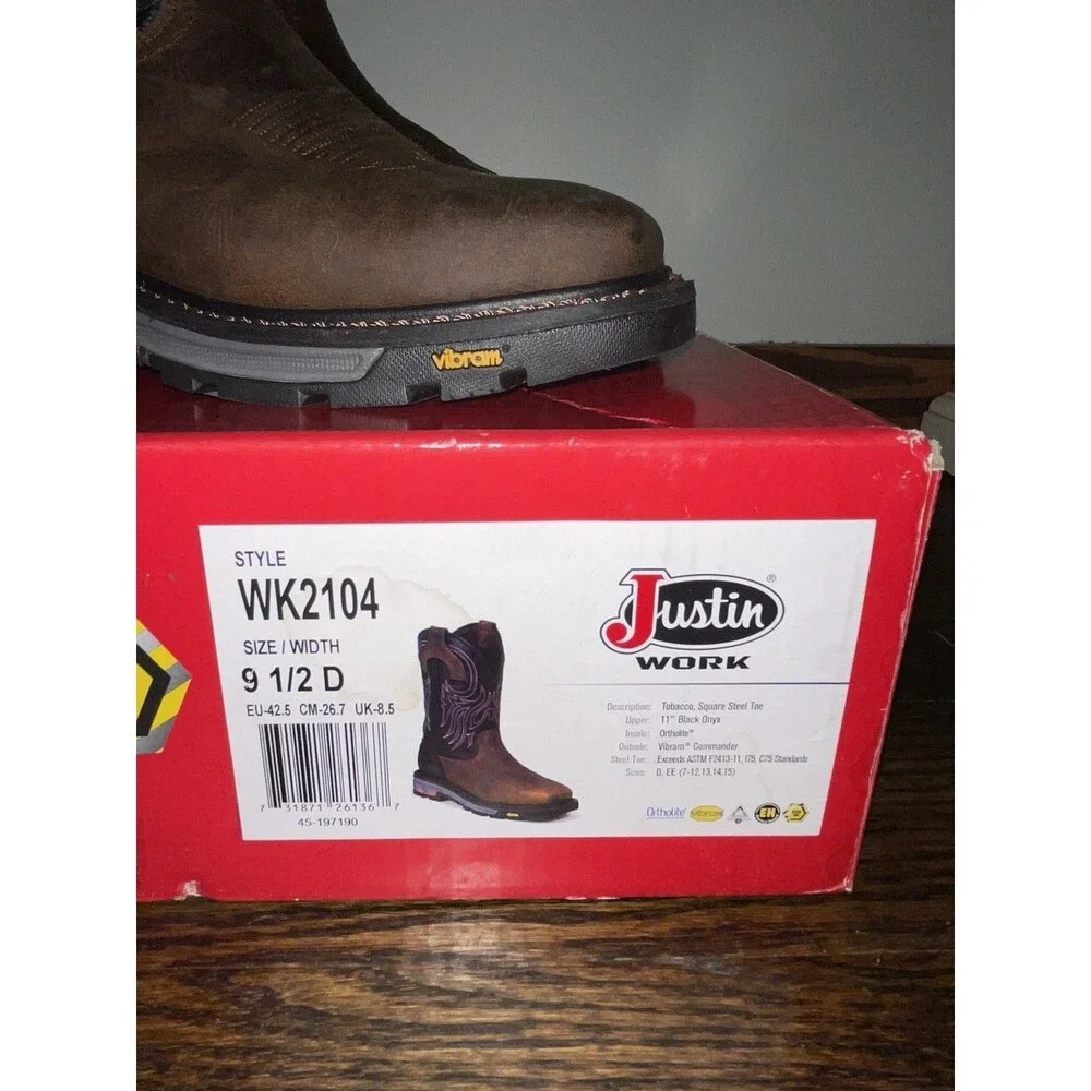 New Justin Commander X5 Boots Steel Toe WK2104 Tobacco Men's Shoe Size 9.5 D